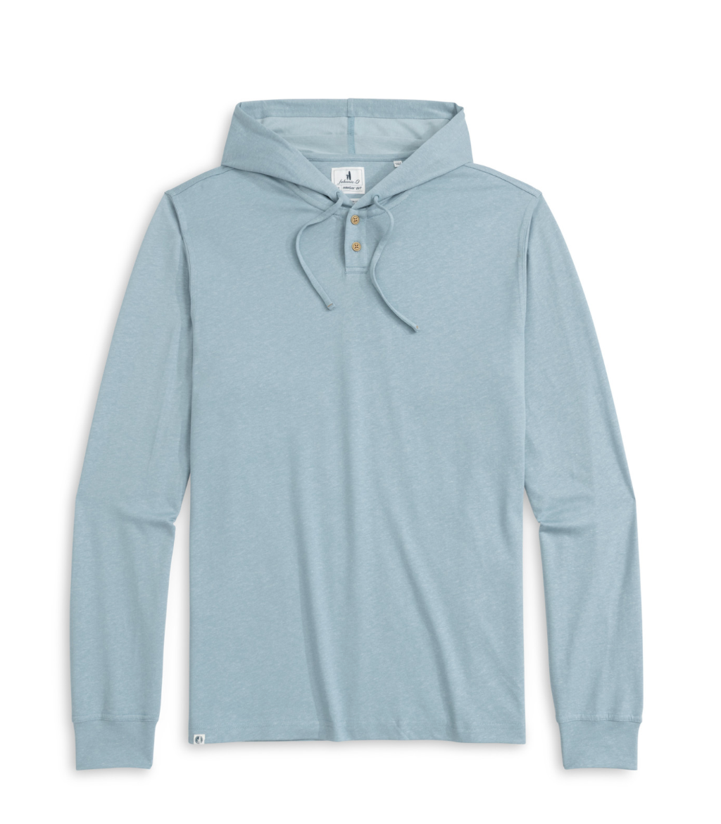 Light blue hoodie with button details on a white background