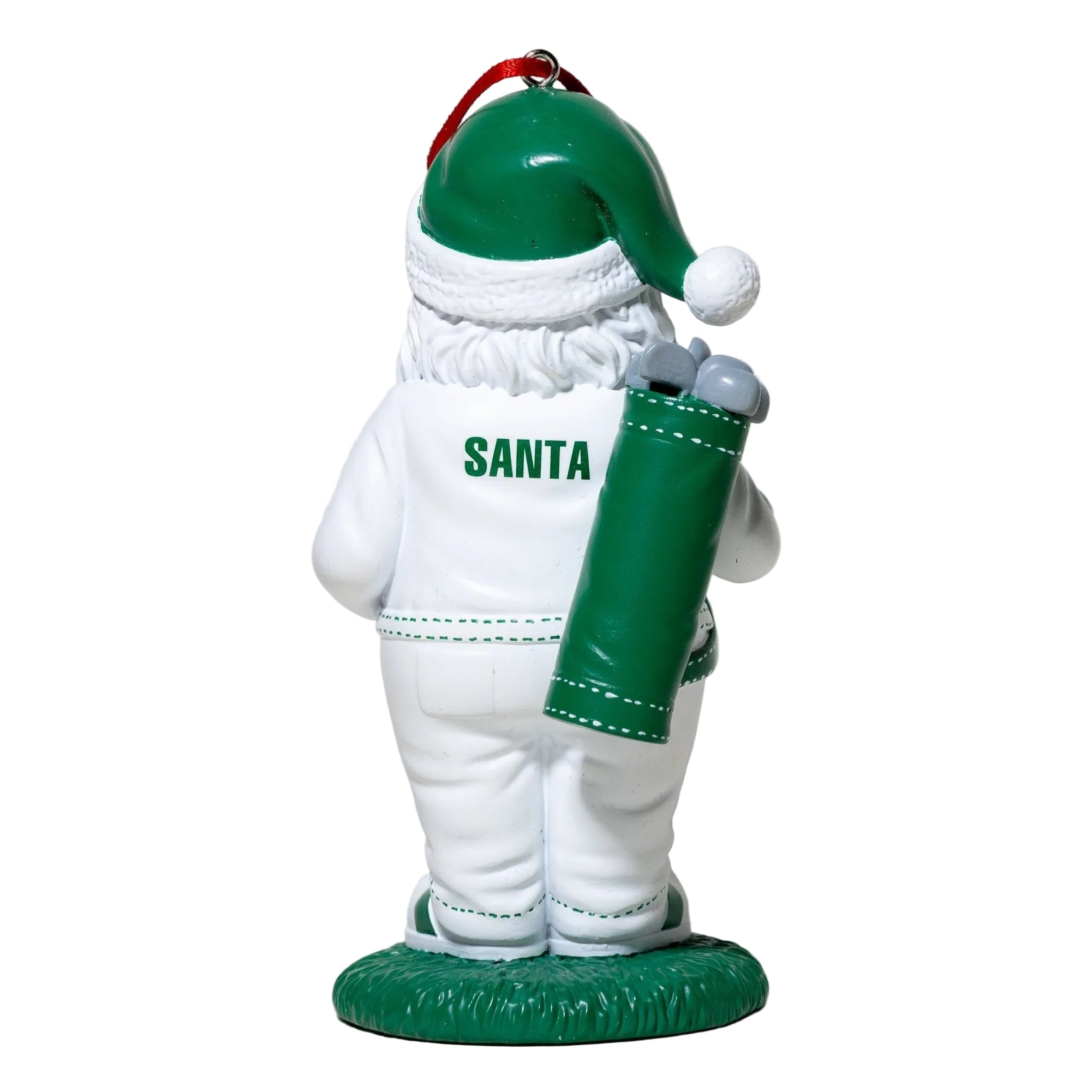Decorative ornament of a green and white Santa Claus figure on a plain background