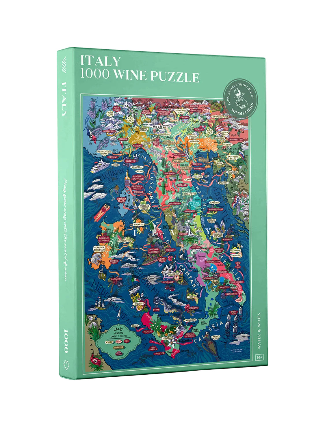 Jigsaw puzzle box featuring a colorful map of Italy on a green background