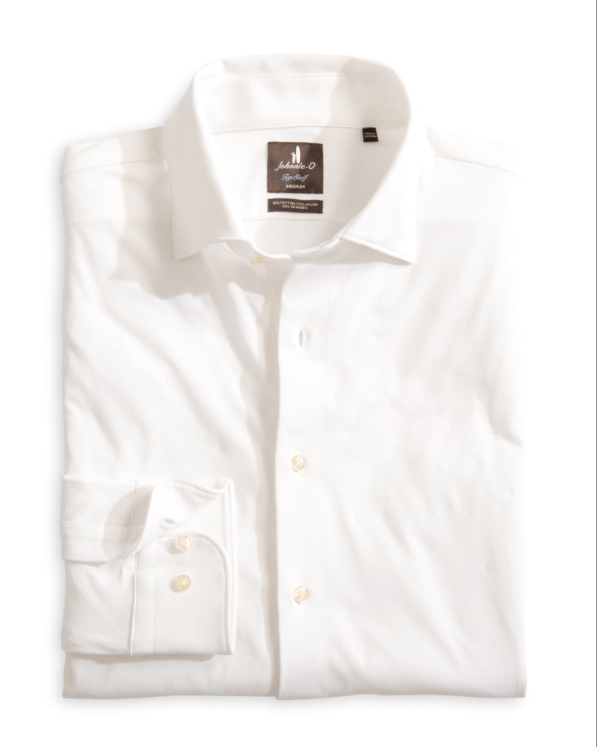 White dress shirt with a brand label on a white background