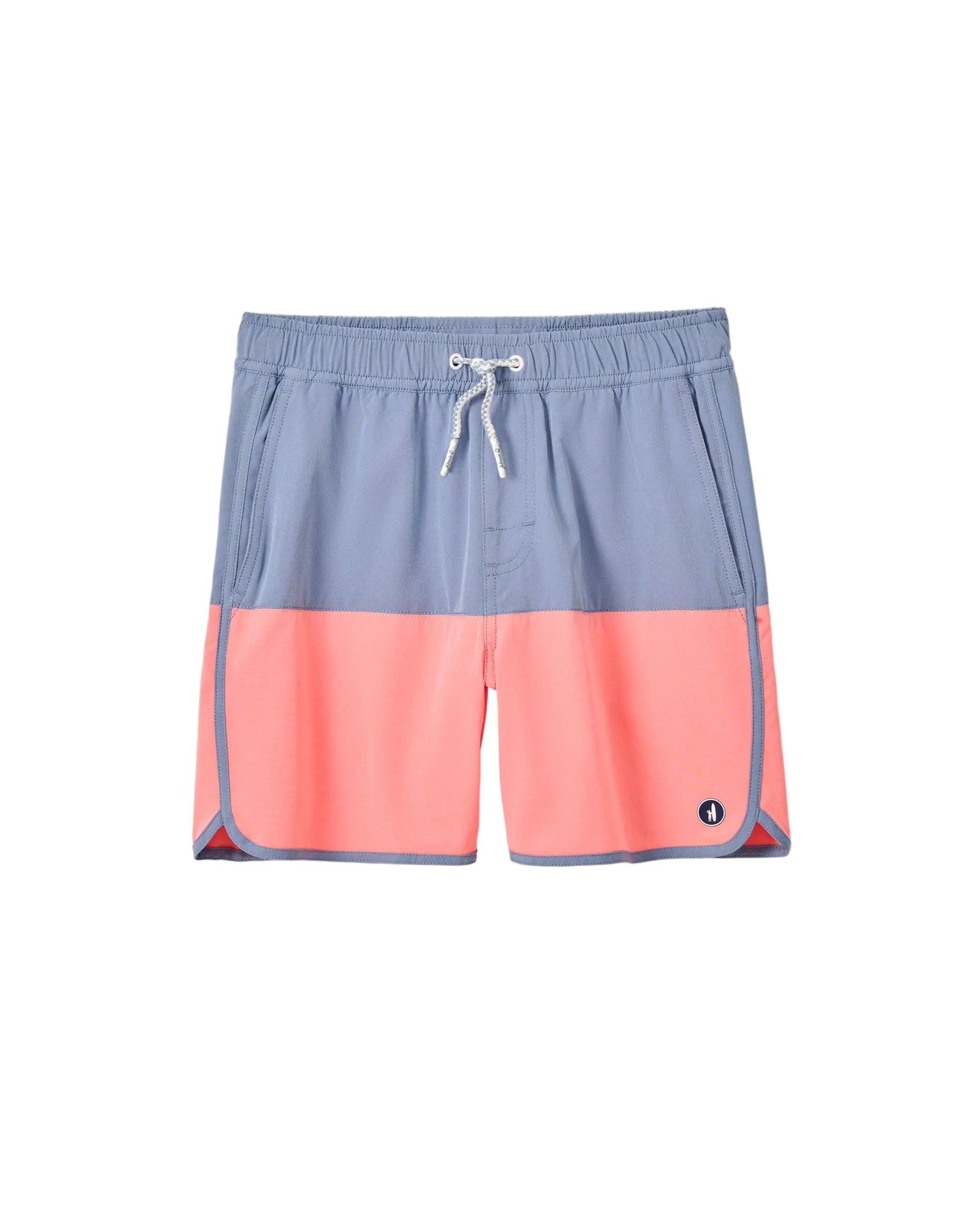 Two-tone blue and pink shorts on a light gray background