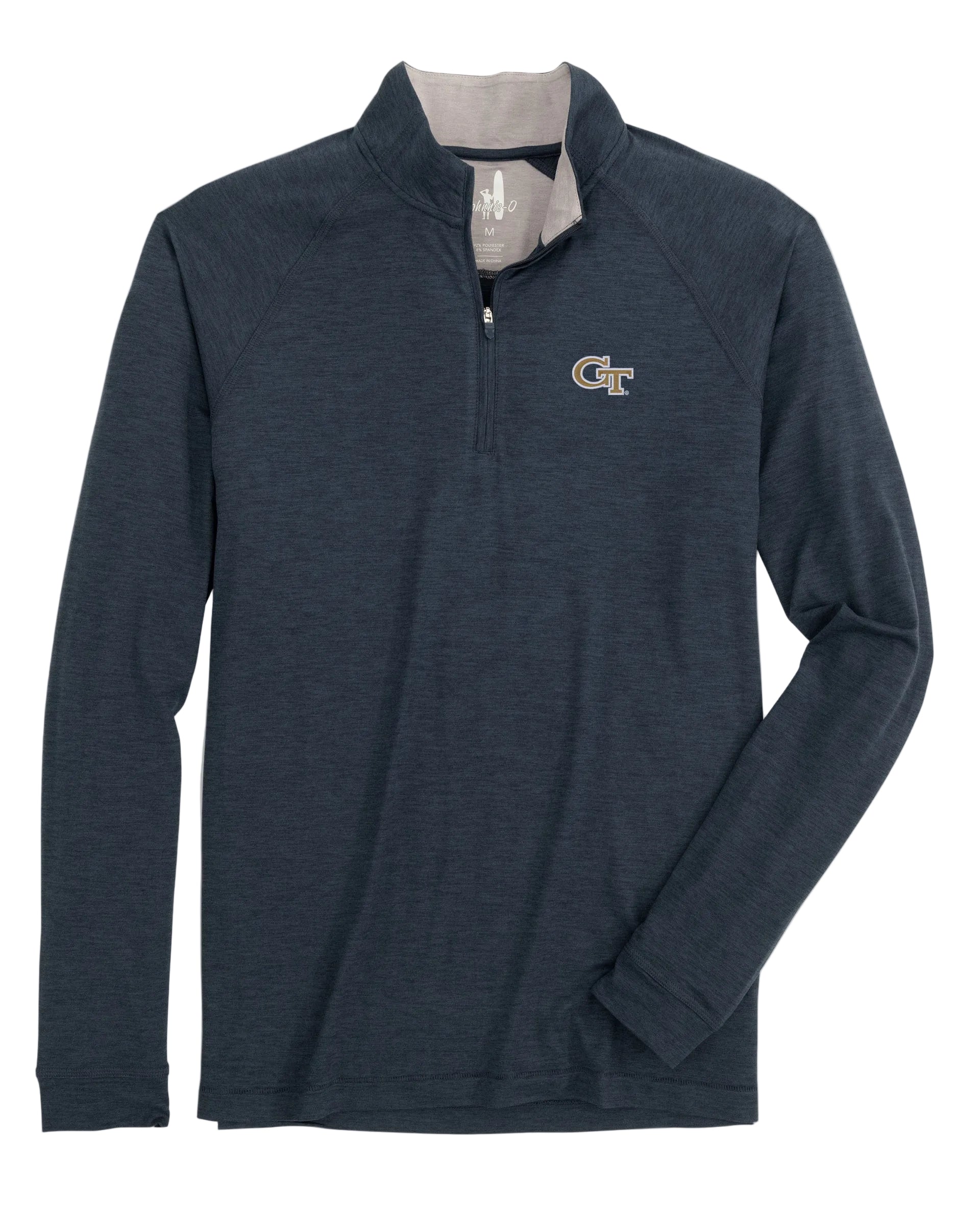 Navy long-sleeve shirt with a logo on a light gray background