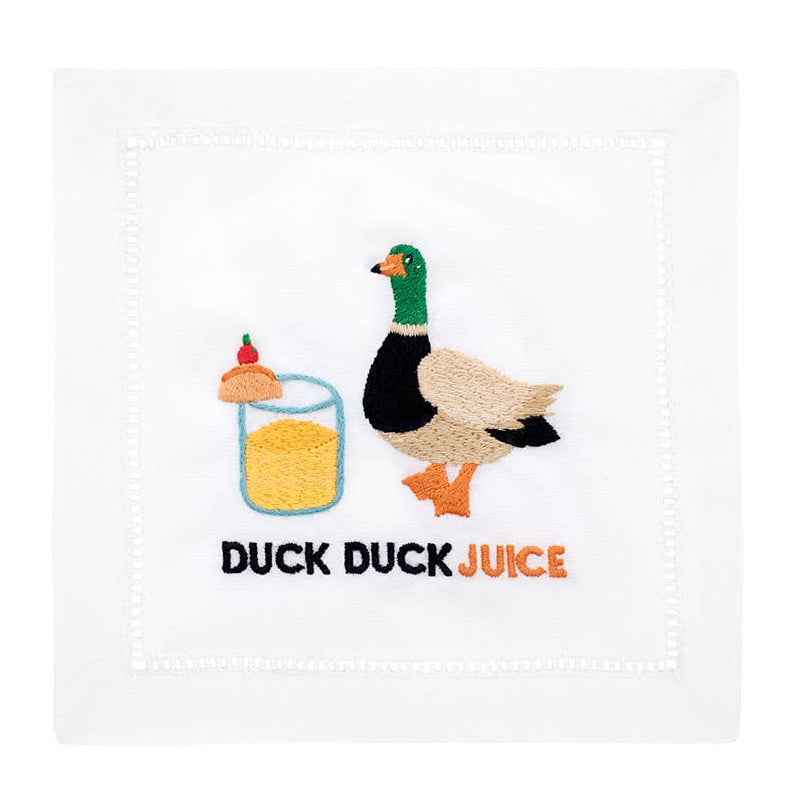 Illustration of a duck and a glass of juice with 'Duck Duck Juice' text on a white background