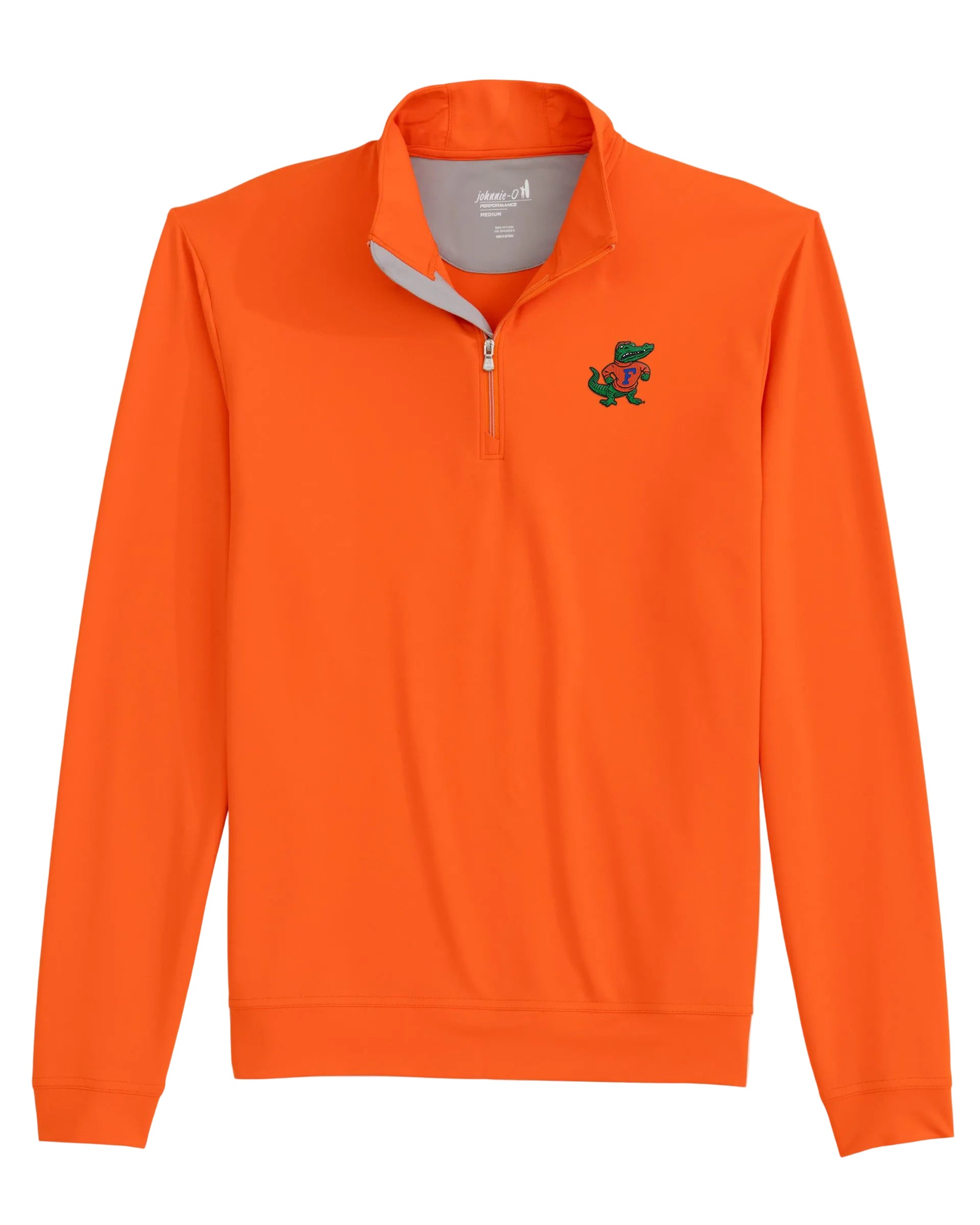 Orange pullover with a small logo on a light gray background