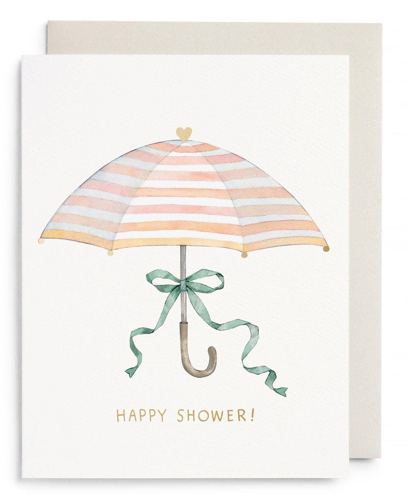 Greeting card with a striped umbrella and bow, featuring 'Happy Shower!' text.