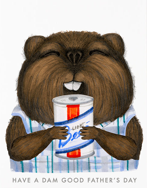 Illustration of a beaver holding a can of Lifebuoy soap with text 'Have a dam good Father's Day' on a white background.