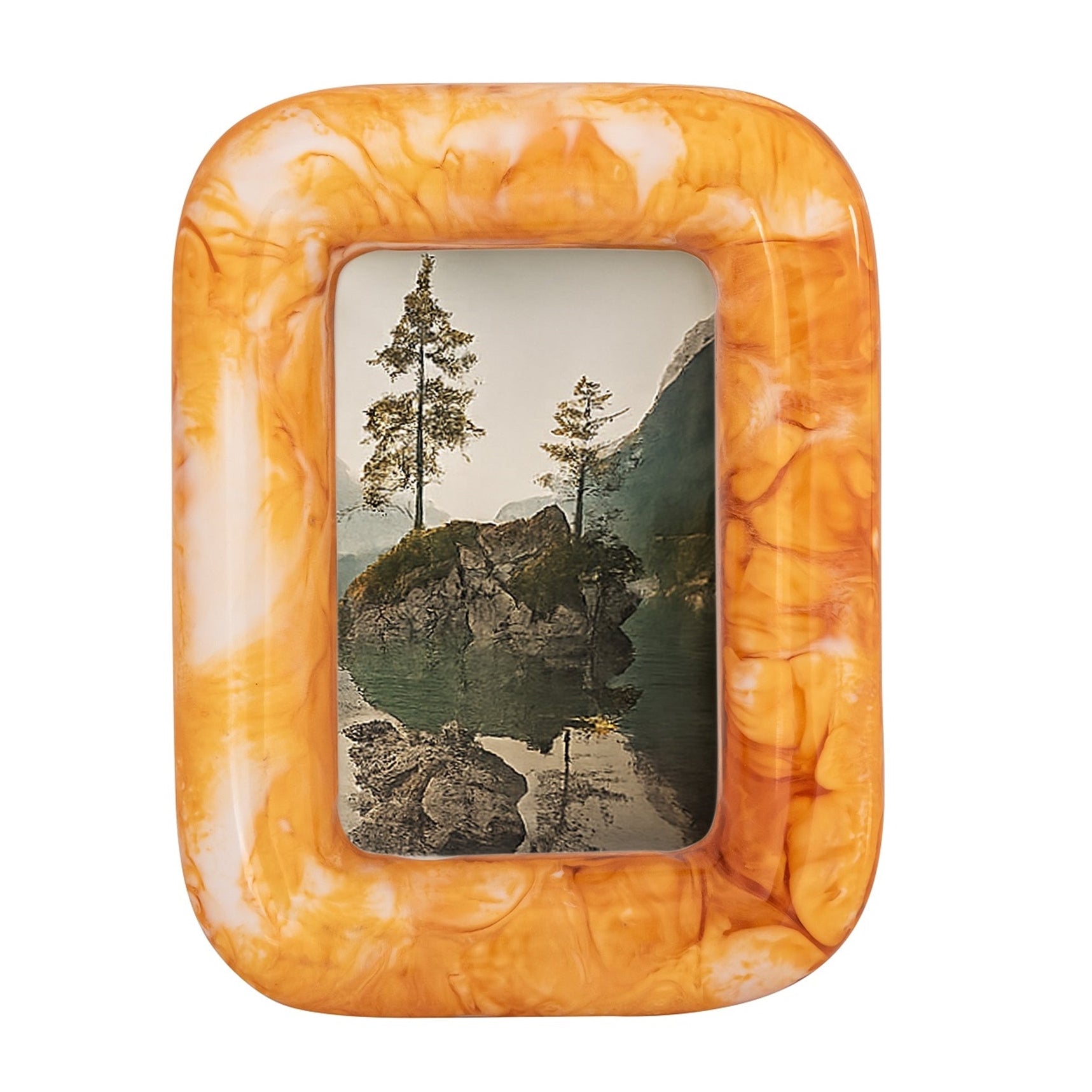 Decorative frame with a scenic view of trees and water on a white background