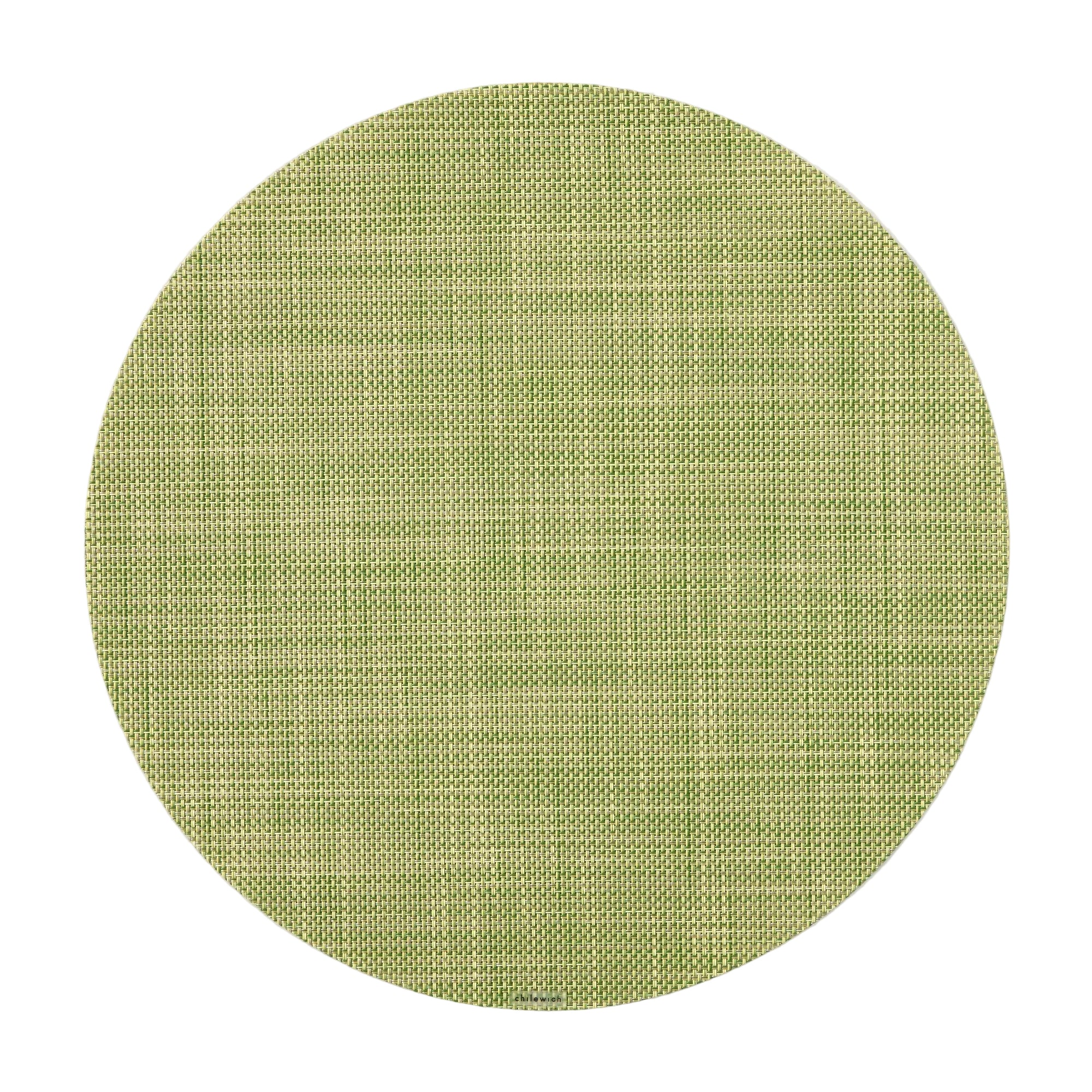 Round green woven placemat on a white background