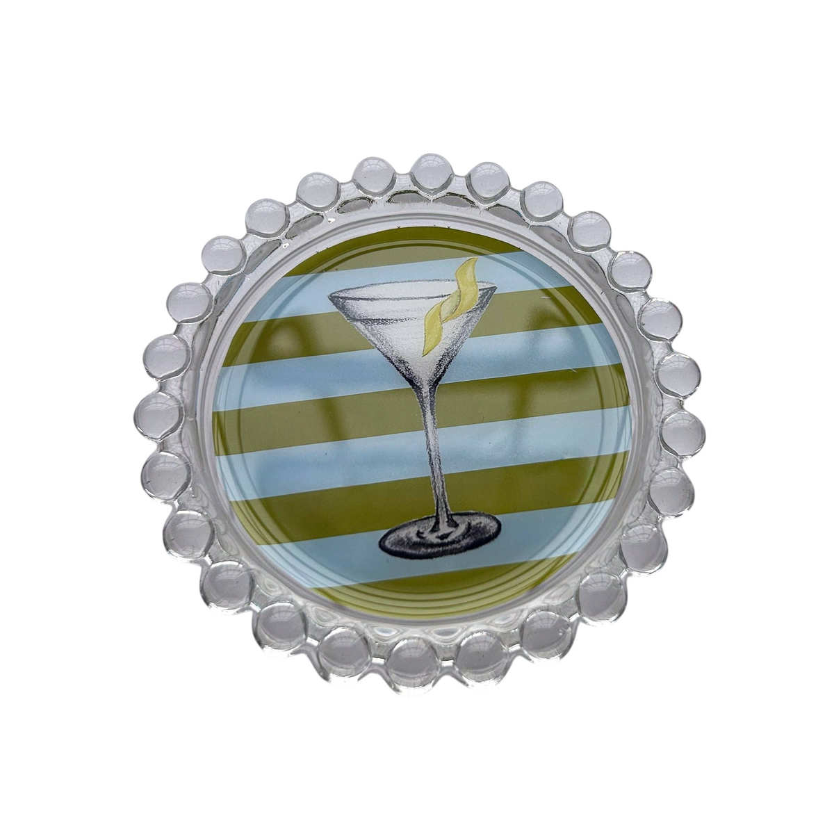 Miller Collective glass trinket dish featuring a martini glass illustration on a green and white striped background