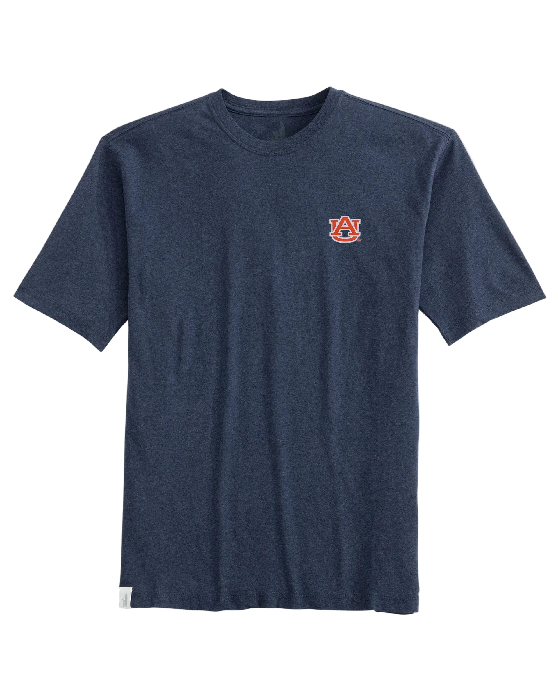 Navy blue t-shirt with a small logo on a light gray background