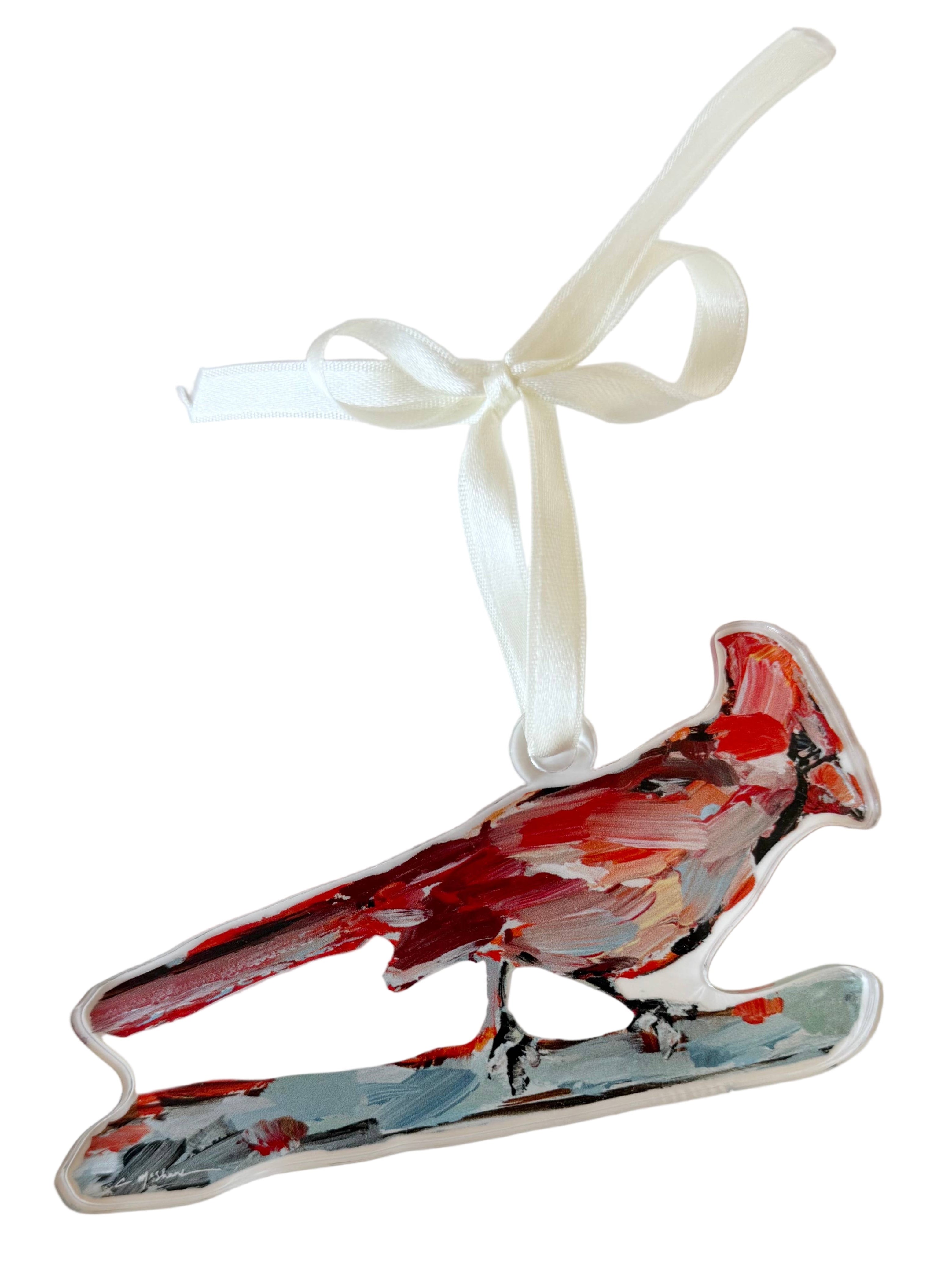 Decorative ornament shaped like a cardinal bird on a white background