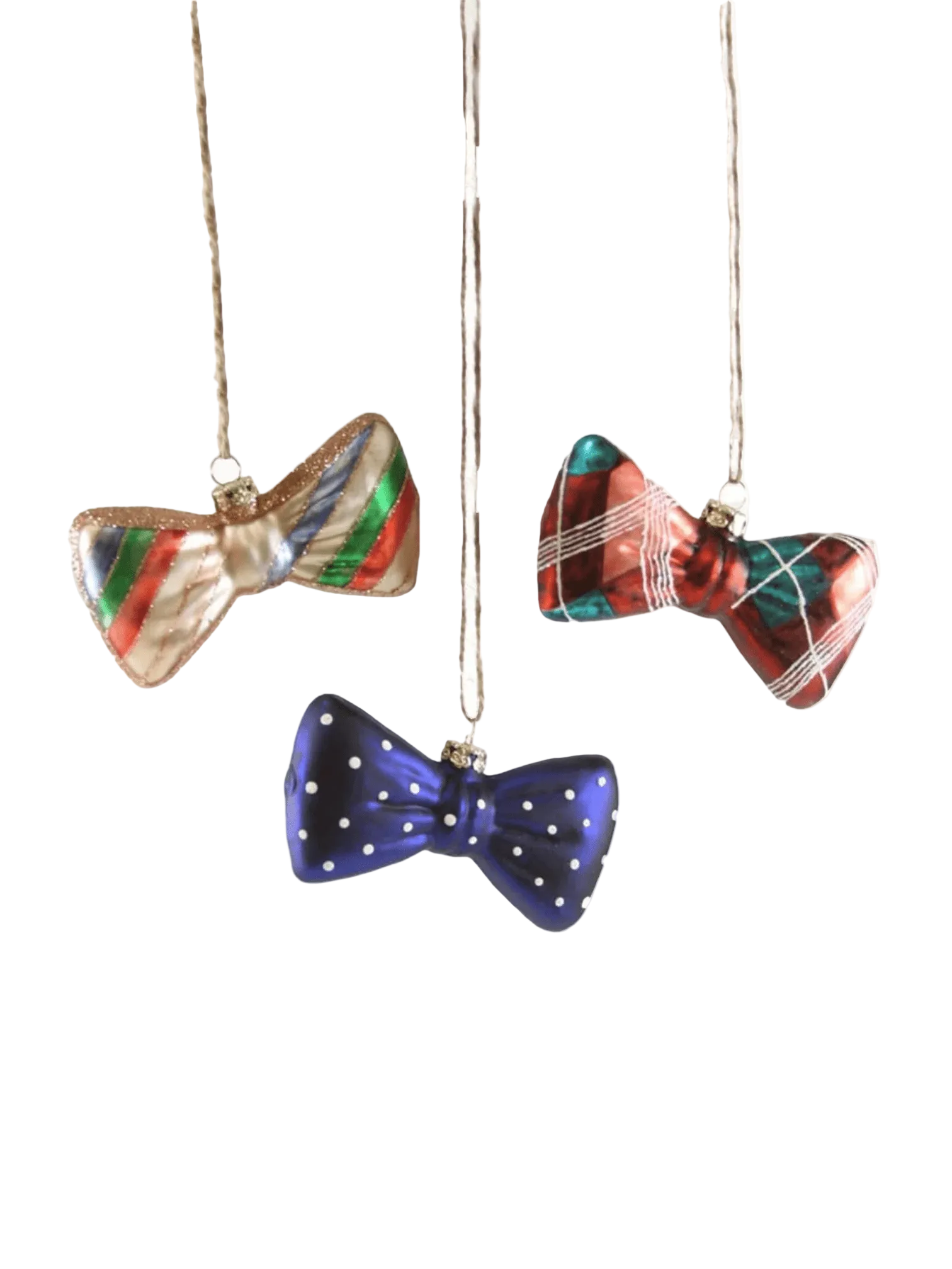 Three colorful bow tie ornaments hanging against a white background