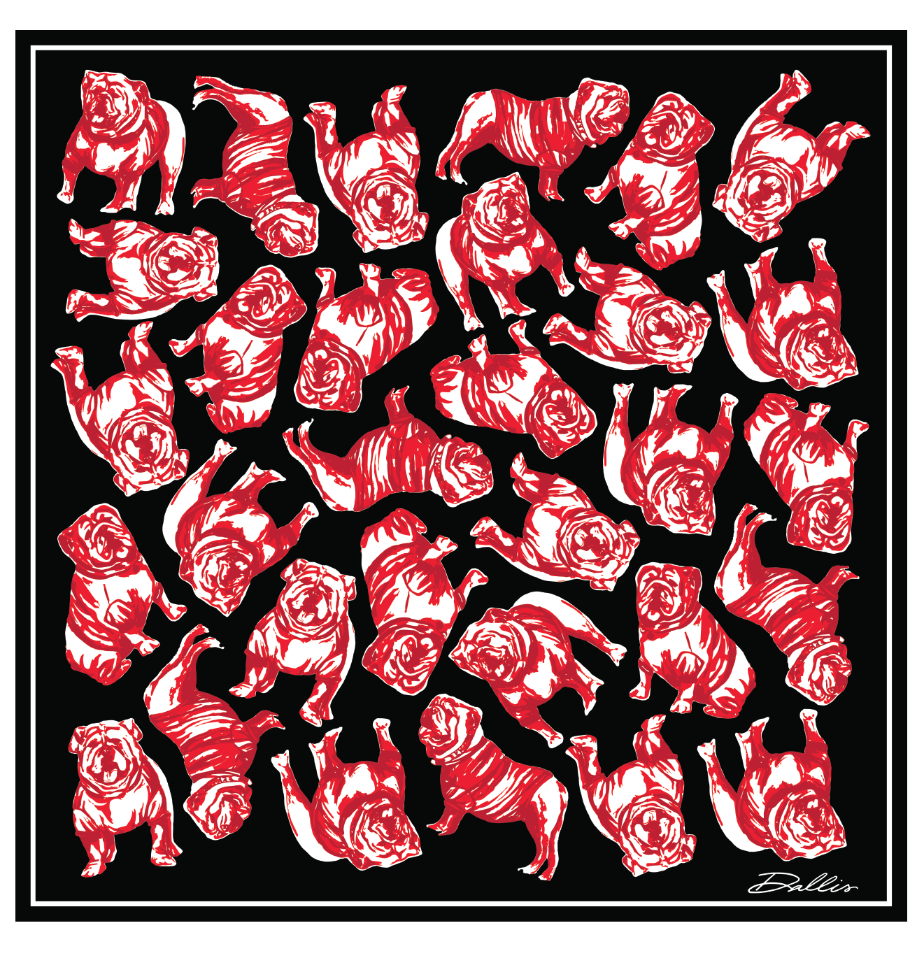 Red bulldog pattern on a black background with 'Sic 'Em Scarf in Black' text.