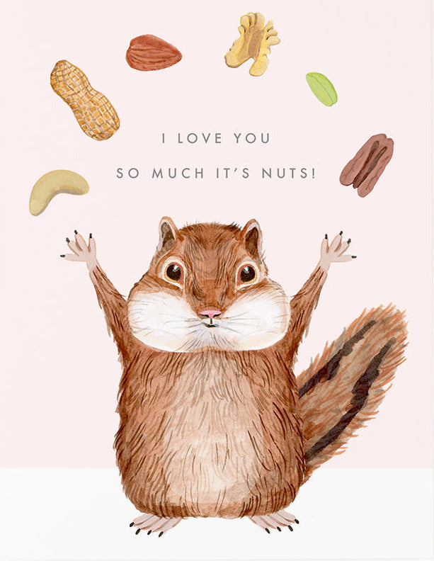 Illustration of a squirrel with nuts and text 'I love you so much it's nuts!' on a light pink background