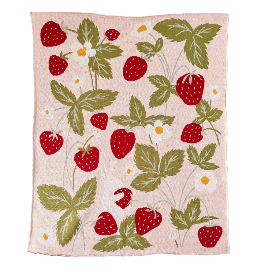 Fabric with strawberry pattern on a pink background