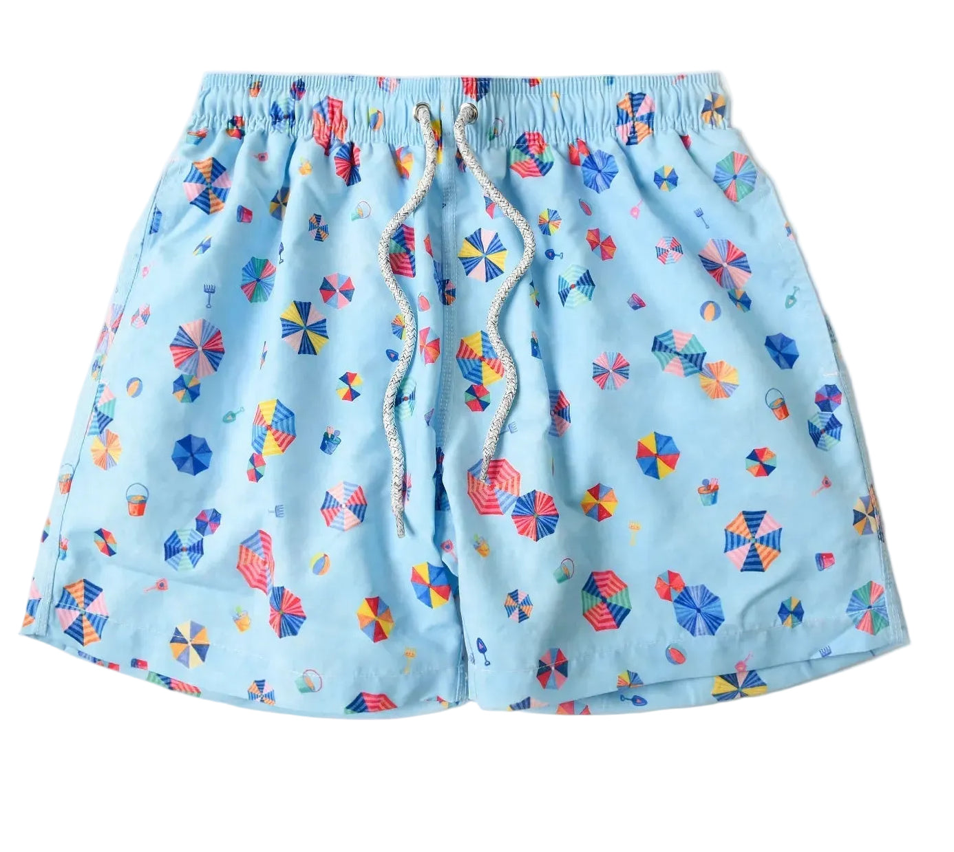 Light blue swim shorts with colorful floral pattern on a white background