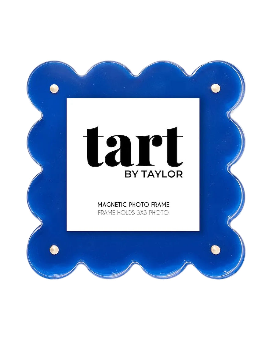 Blue magnetic photo frame with 'tart by Taylor' branding on a white background