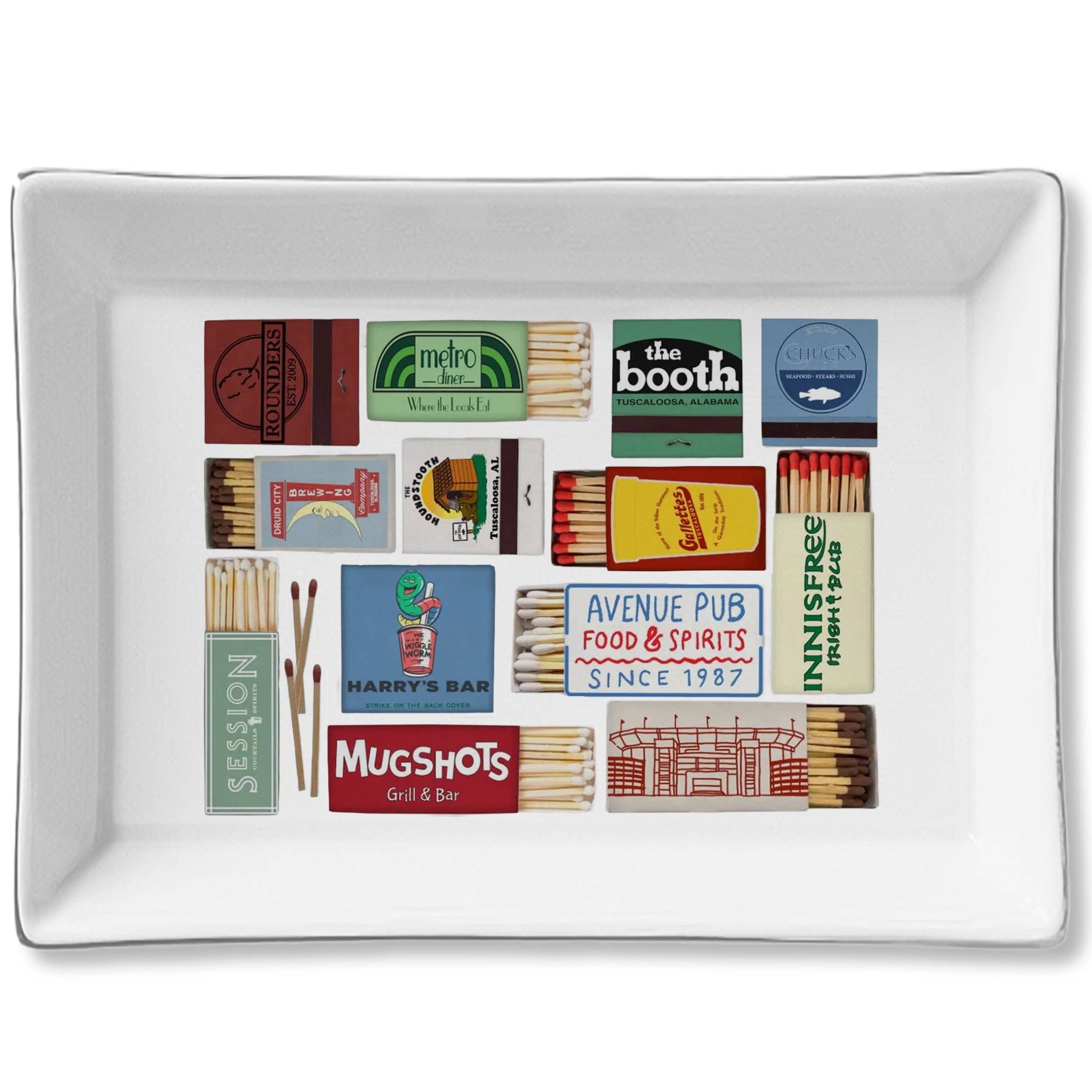 White tray with matchbox designs on a white background