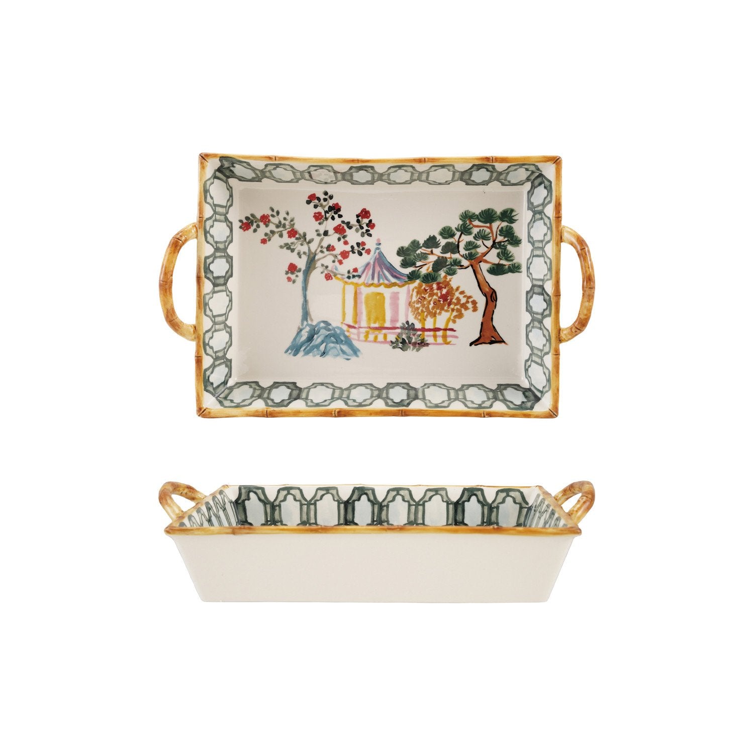 Stoneware Baker with Bamboo Style Edge & Handles