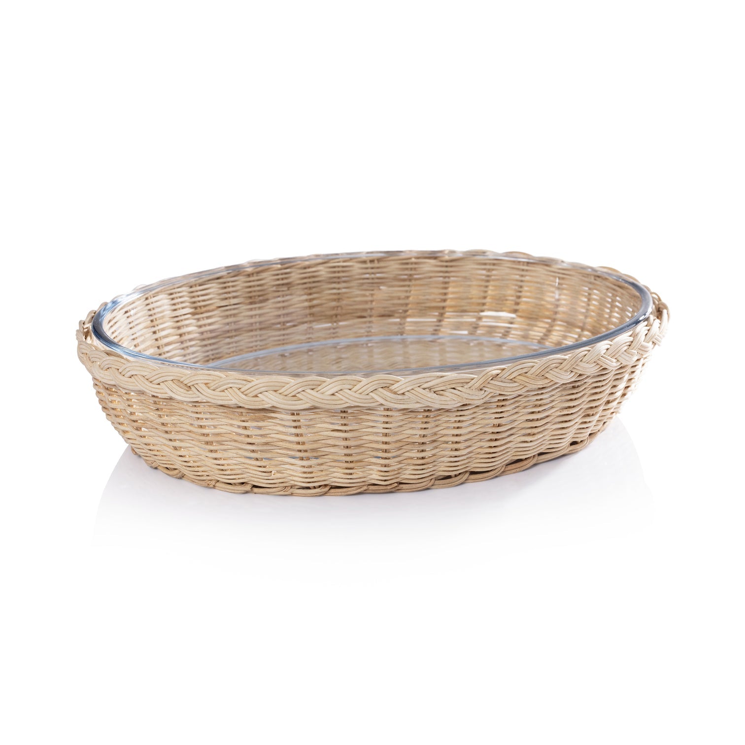 The Palmier Oval Glass Bowl in Woven Rattan Basket - Large