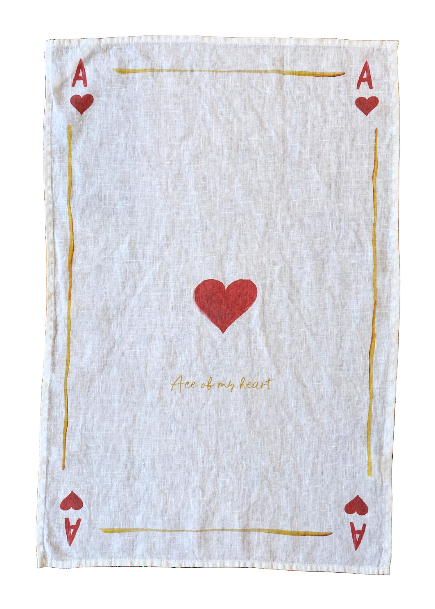 Kitchen towel with heart design and text 'Ace of my heart' on a white background