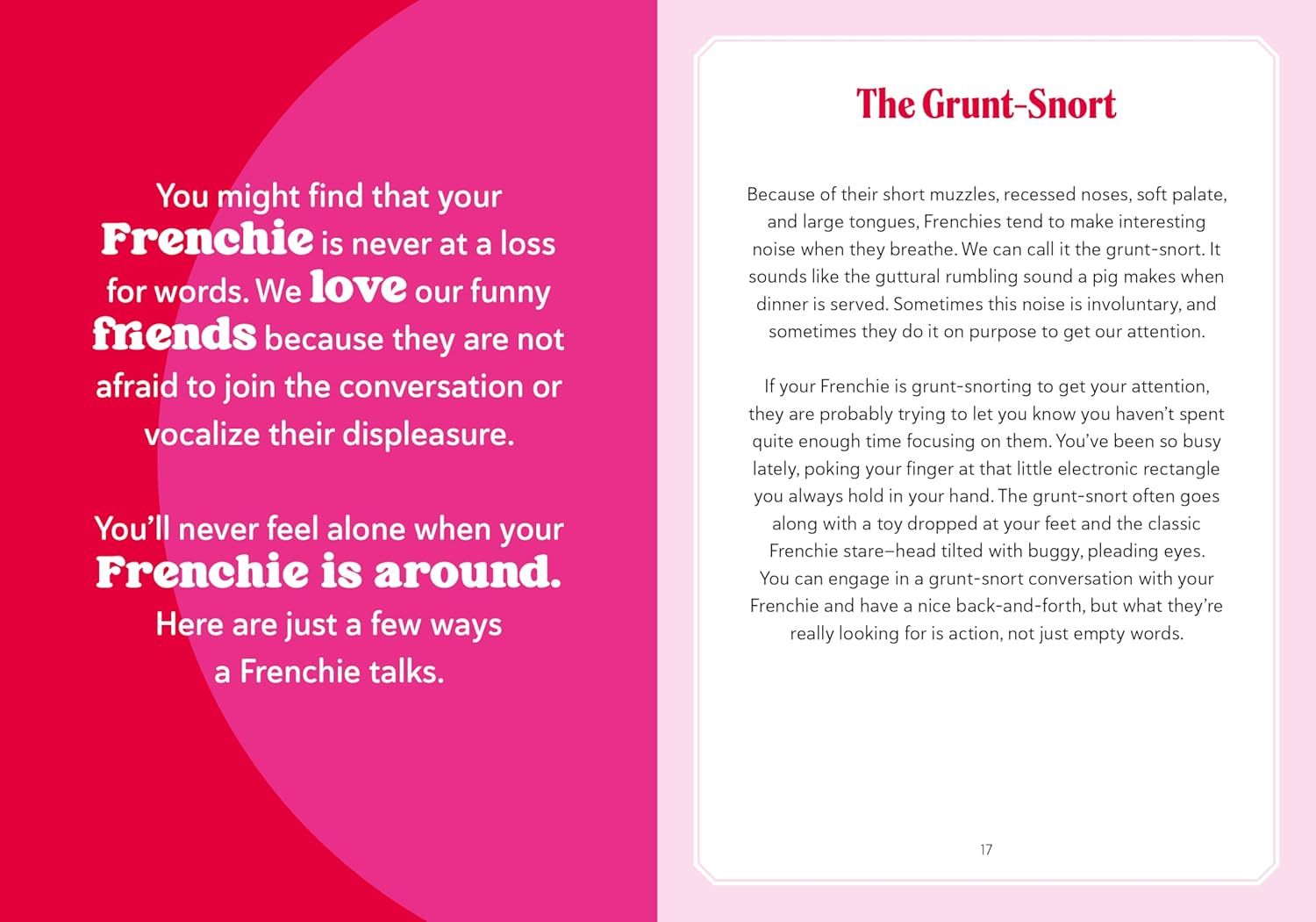 Book page with text about French Bulldogs and their communication style on a pink background