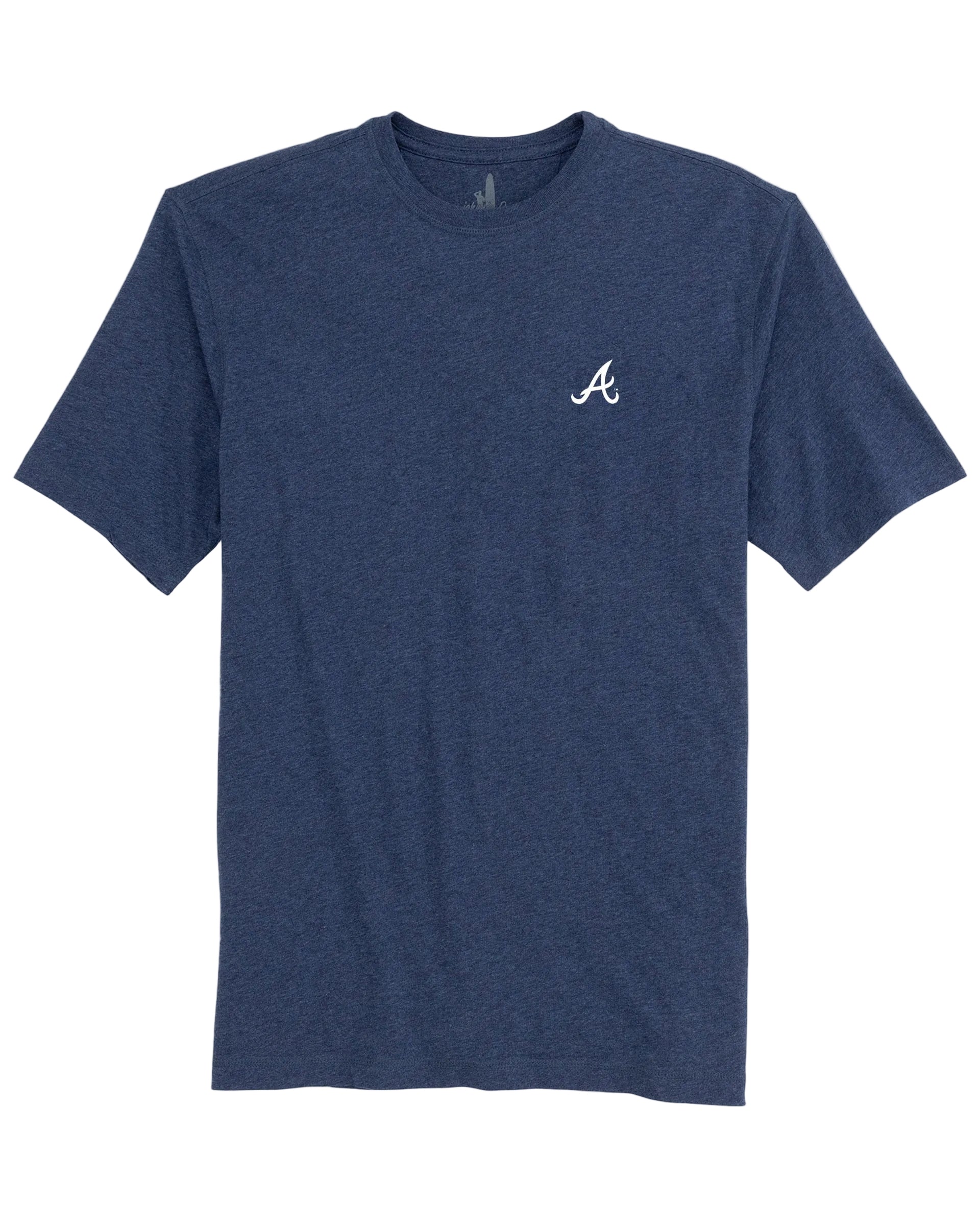Blue t-shirt with a white logo on a light gray background