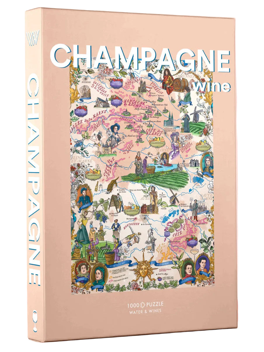 Puzzle box with 'Champagne Wine' text and colorful design on a pink background