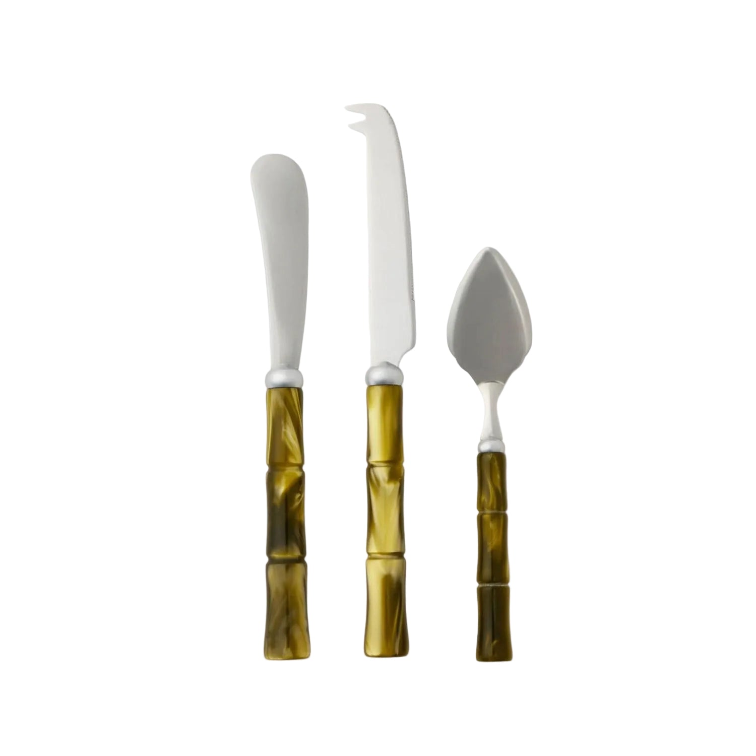 Set of three knives with bamboo handles on a white background