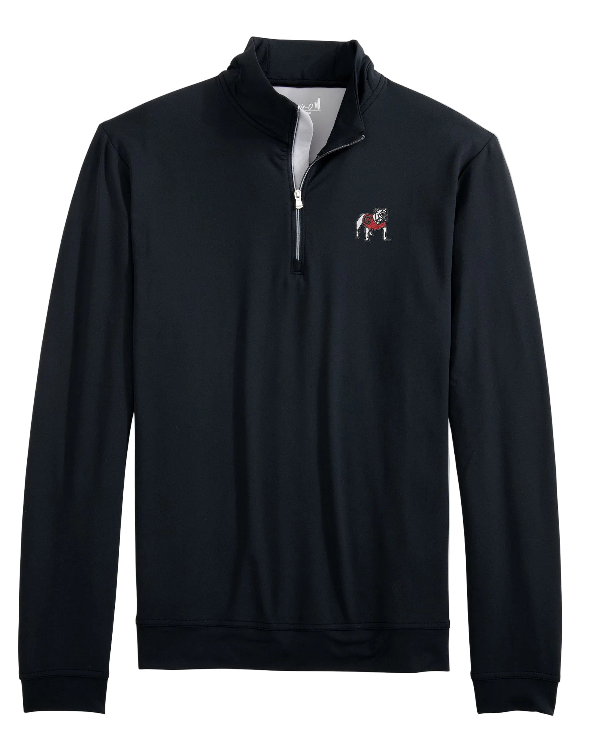 Black quarter-zip sweatshirt with a small logo on the chest against a light gray background