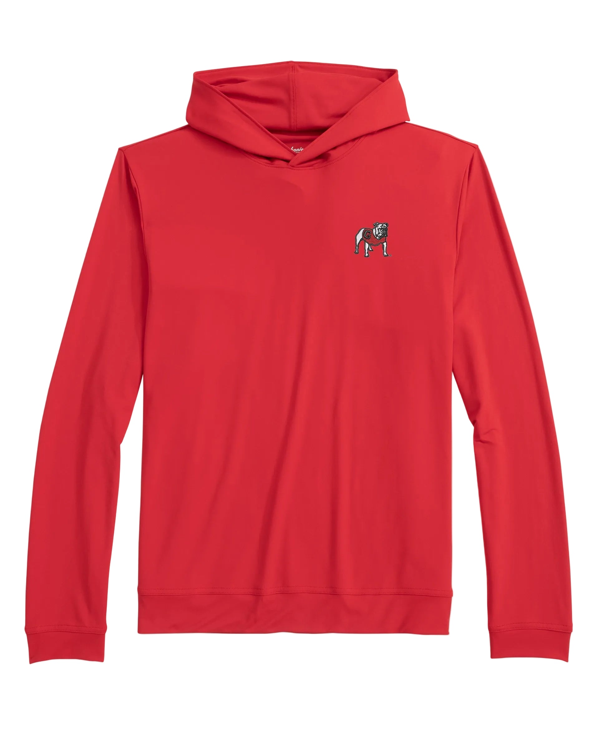 Red hoodie with a small graphic on the chest against a light gray background
