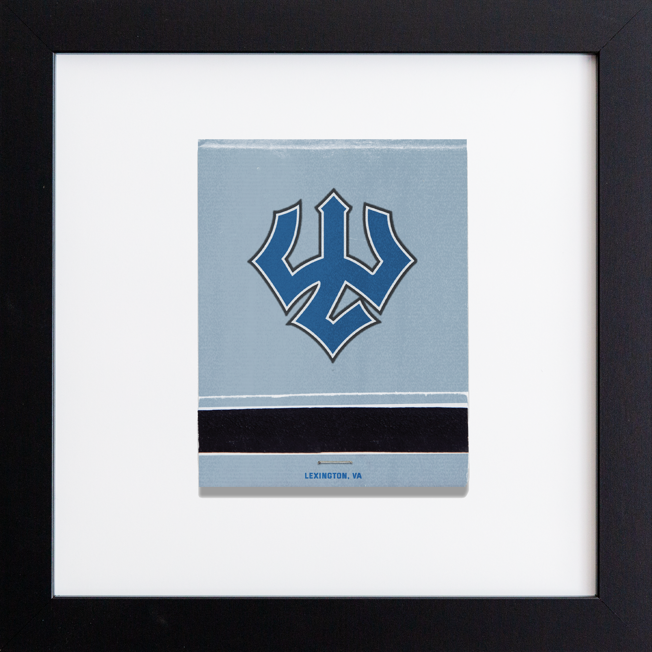 Framed artwork with a blue logo on a light blue background