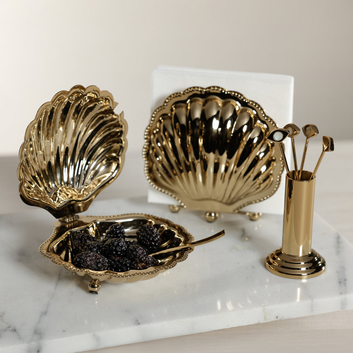 Cap Ferrat Fan Shell Napkin Holder, Gold