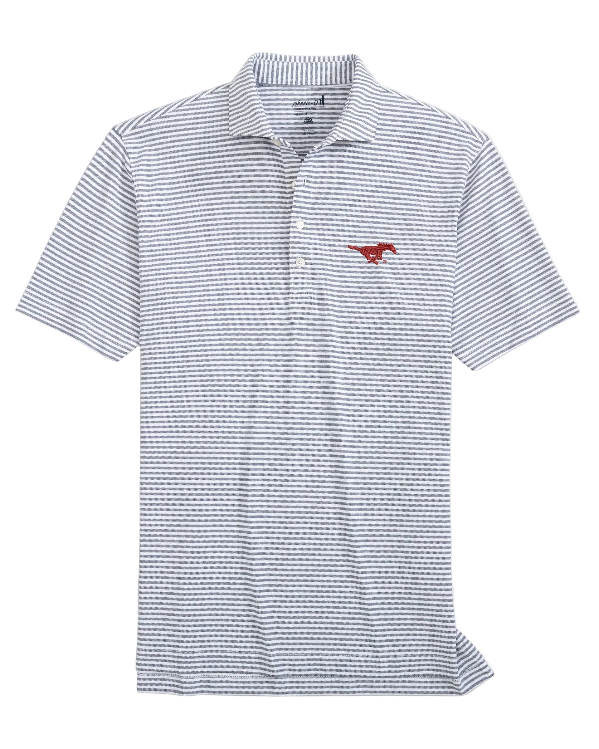 White polo shirt with blue stripes and a red logo on a light gray background