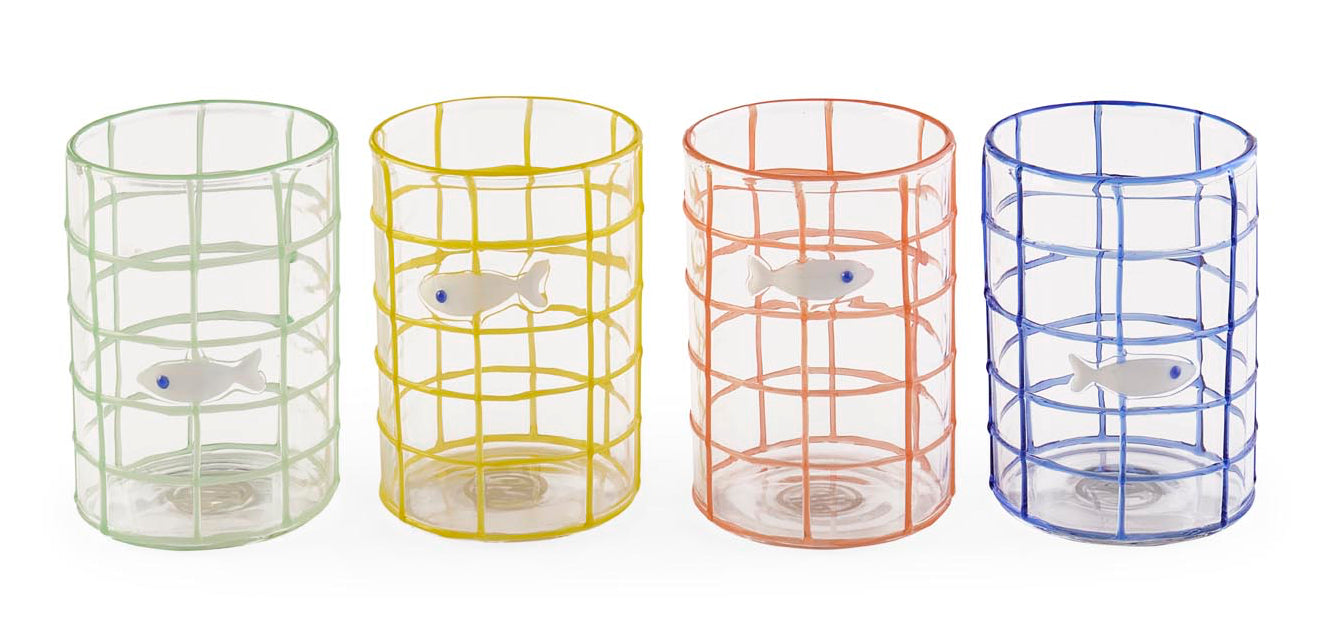 Four cylindrical glass holders with wire mesh designs on a white background