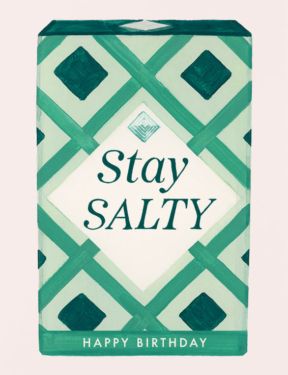 Packaging for 'Stay Salty' with geometric design and text on a white background