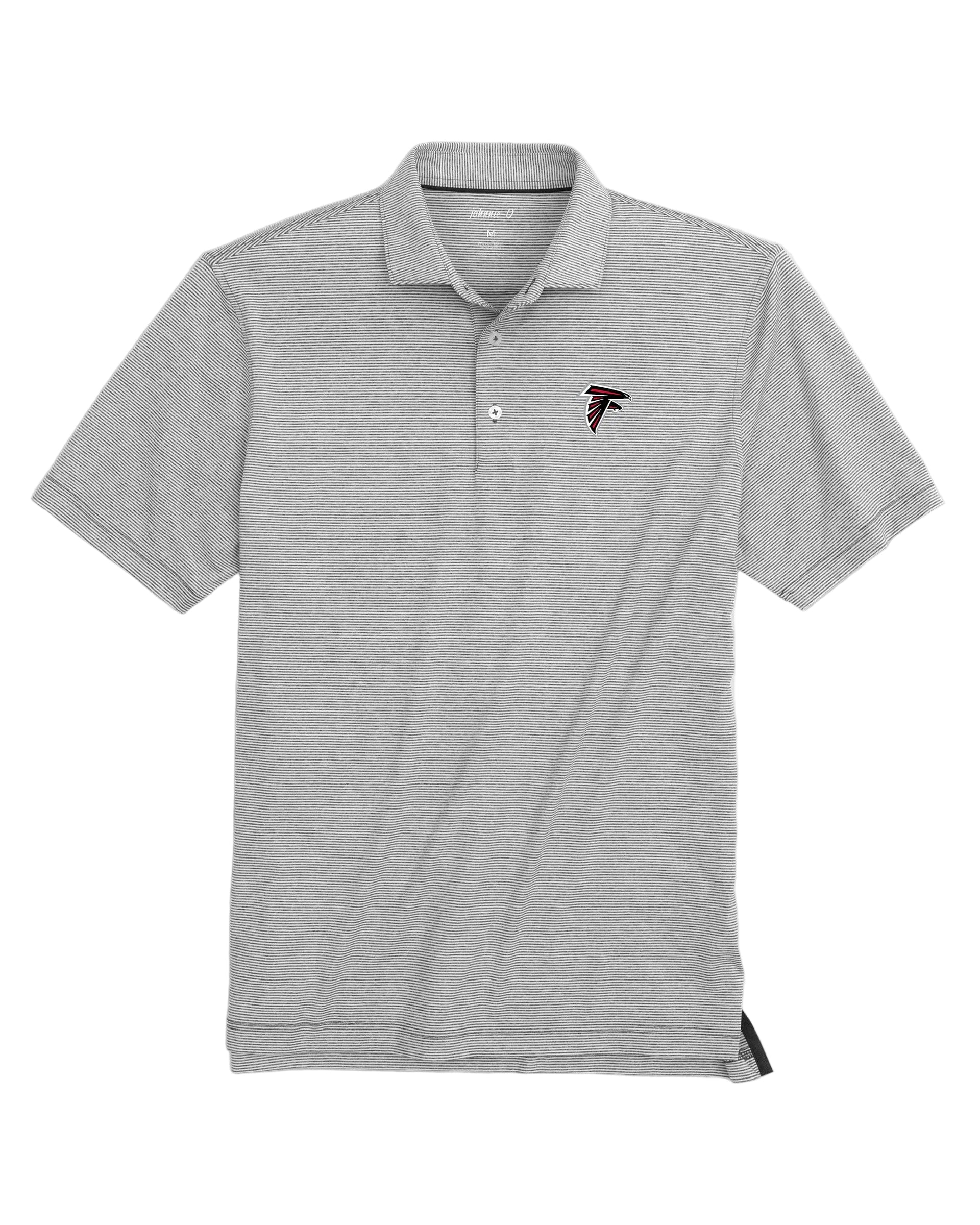 Gray polo shirt with a logo on a light gray background