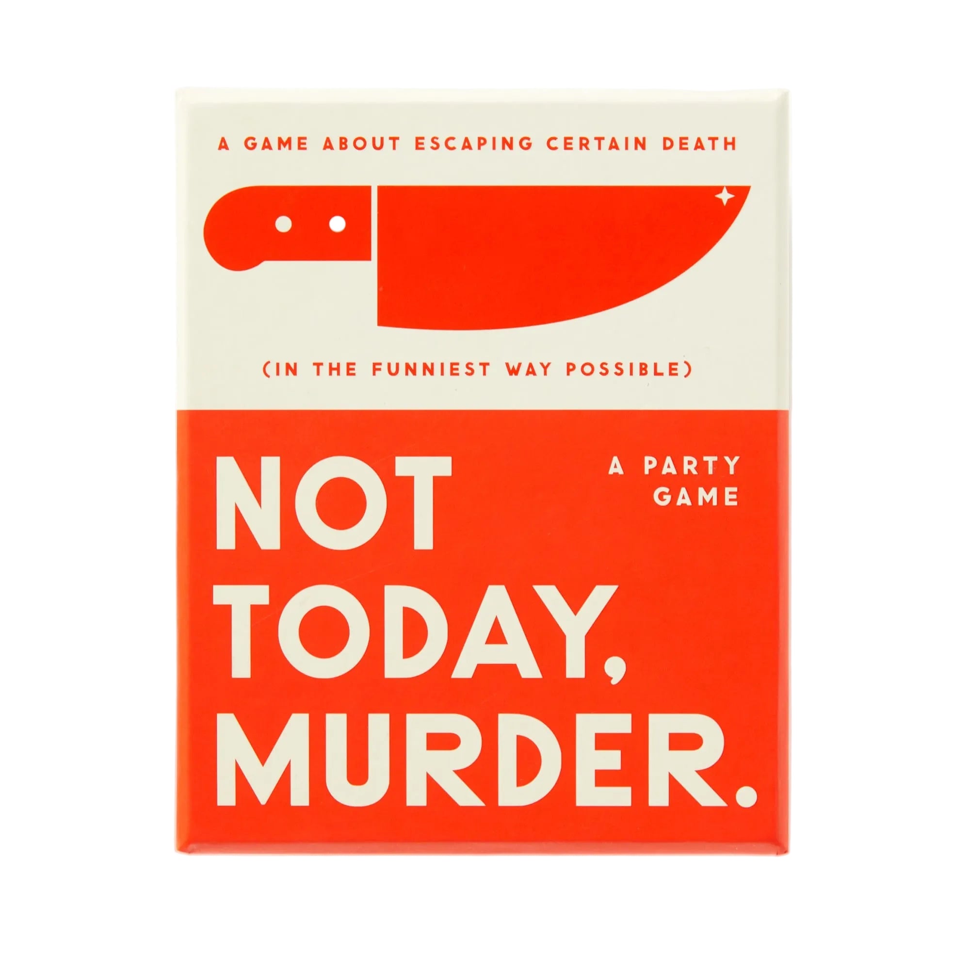 Game box for 'Not Today, Murder' with a knife illustration on a white background