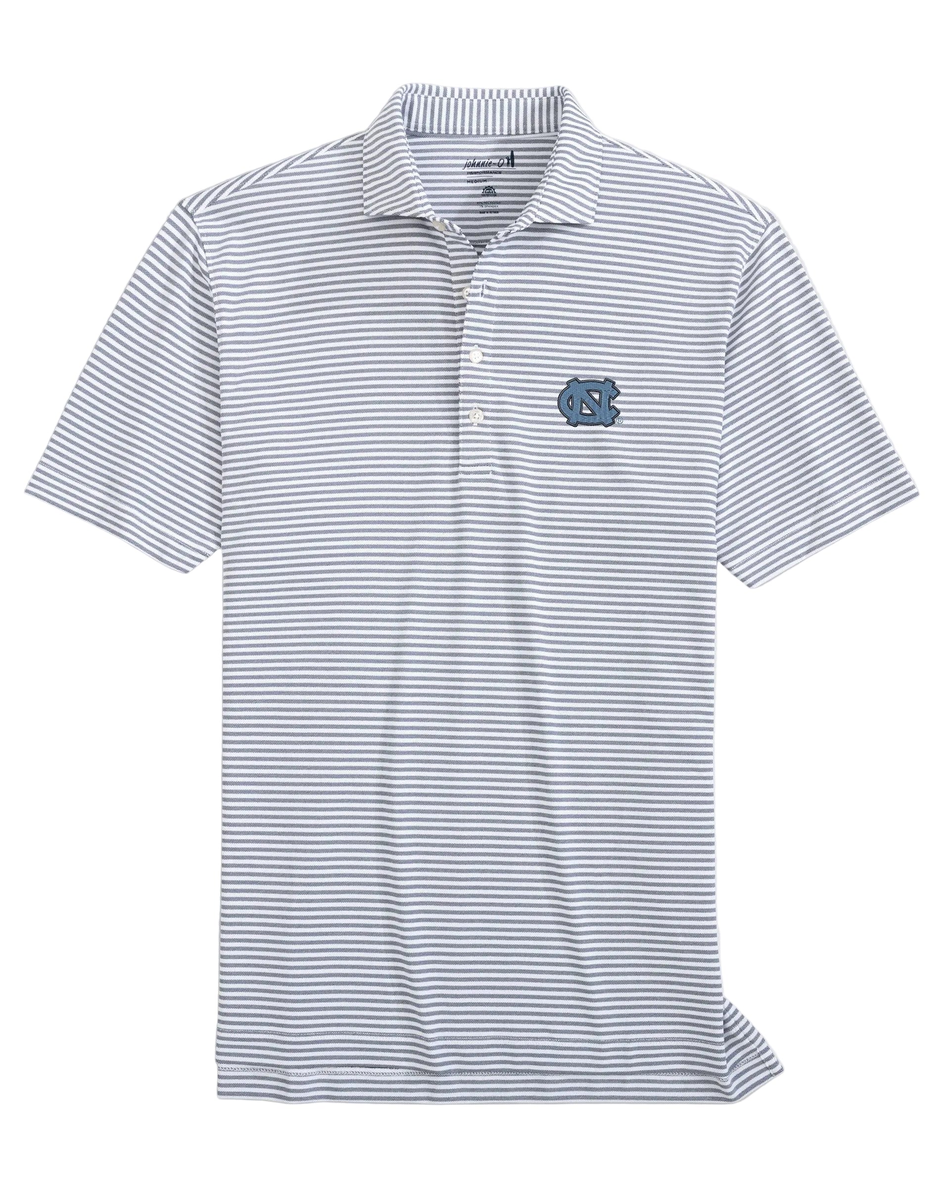 Striped polo shirt with a logo on a light gray background