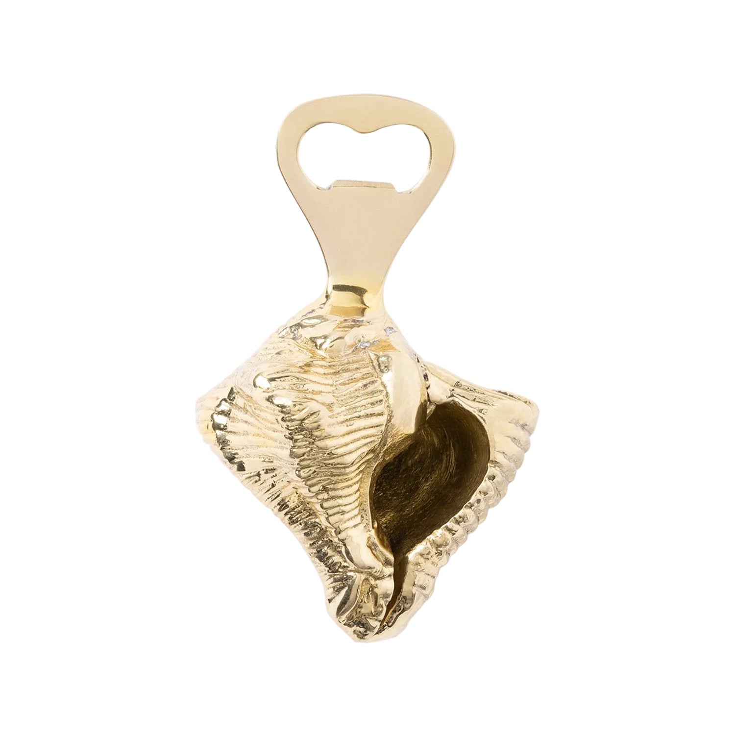 Gold shell-shaped bottle opener on a white background