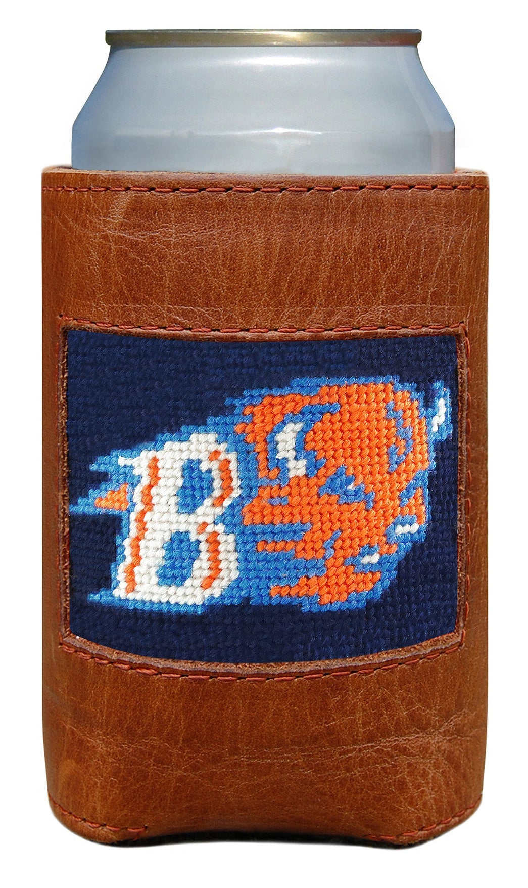 A brown leather can cooler sleeve holding a silver can, featuring a navy blue front patch with an orange and white buffalo logo and the letter B.