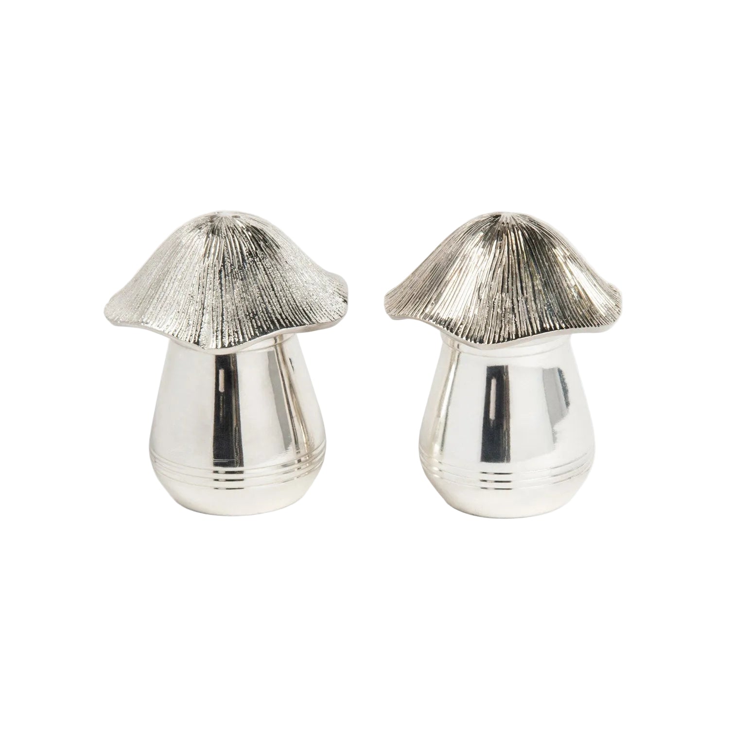 Two silver mushroom-shaped salt and pepper shakers on a white background