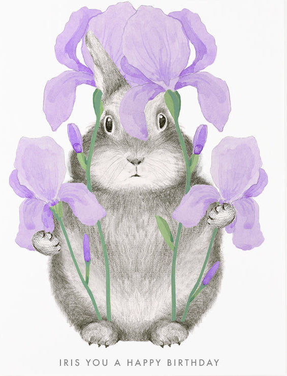 Illustration of a rabbit holding purple flowers with text 'Iris you a happy birthday' on a white background