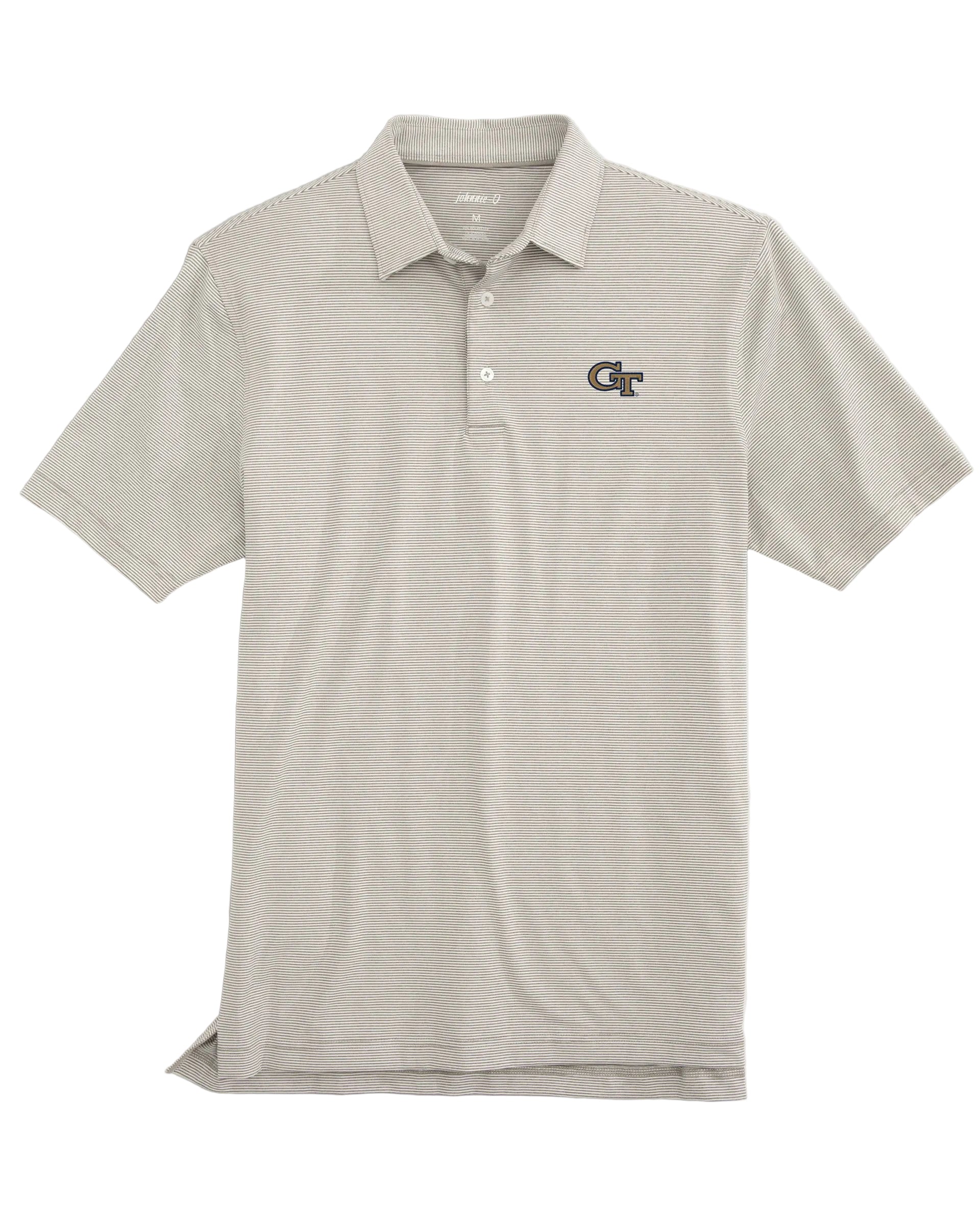 Beige polo shirt with a logo on a white background