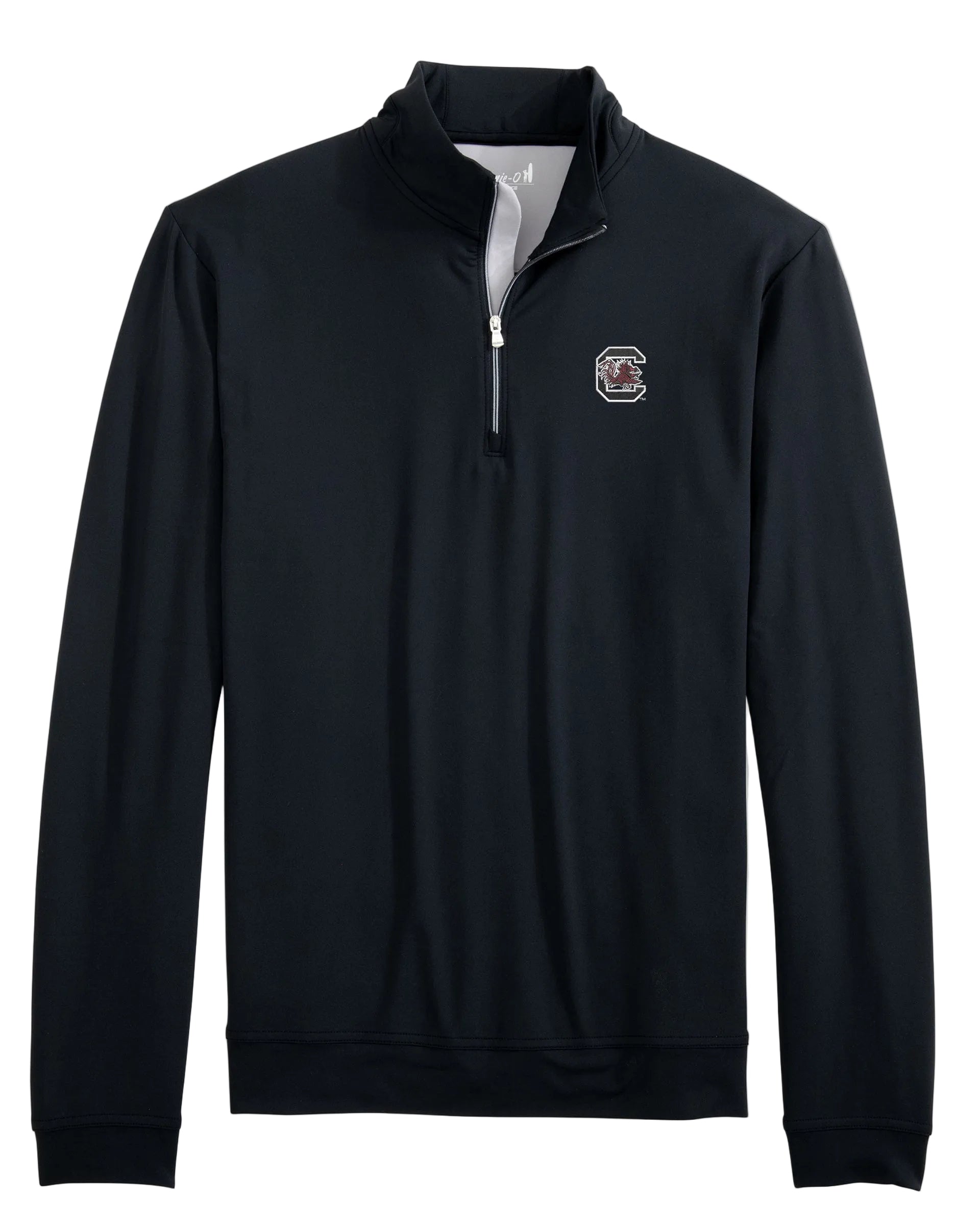 Black quarter-zip sweatshirt with a logo on the chest against a light gray background