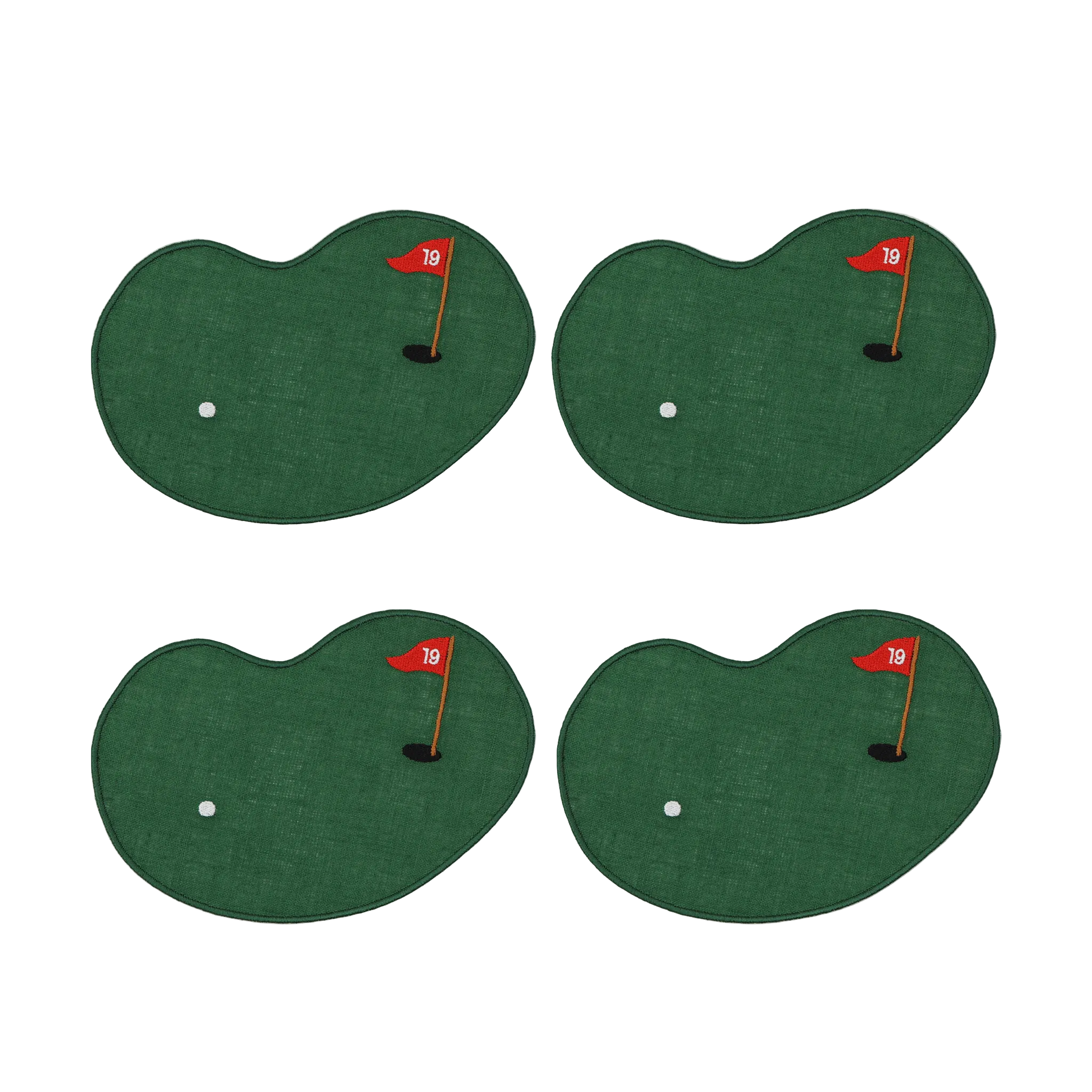 Four green golf cocktail napkins with red flags on a white background