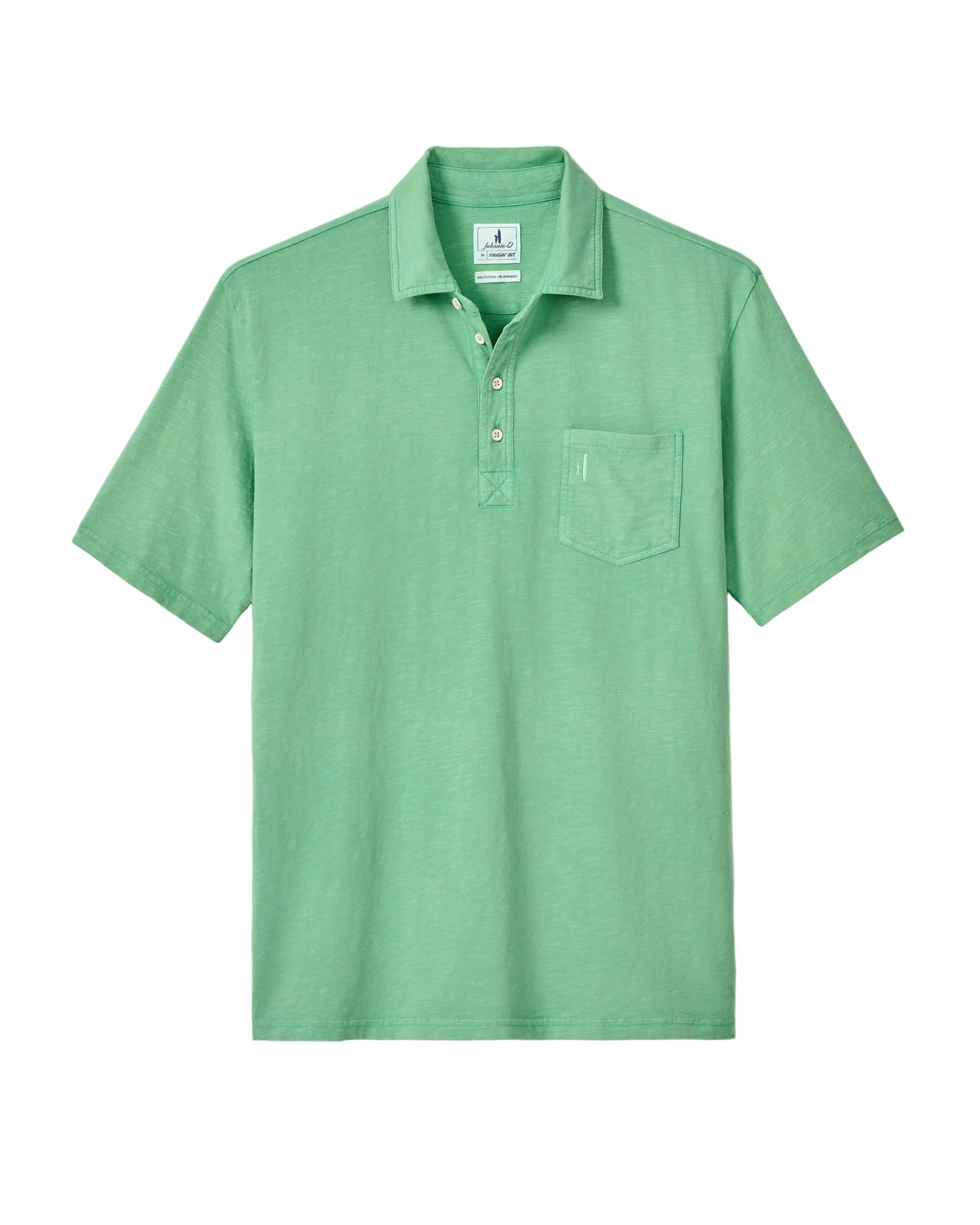 Green polo shirt with a pocket on a light gray background