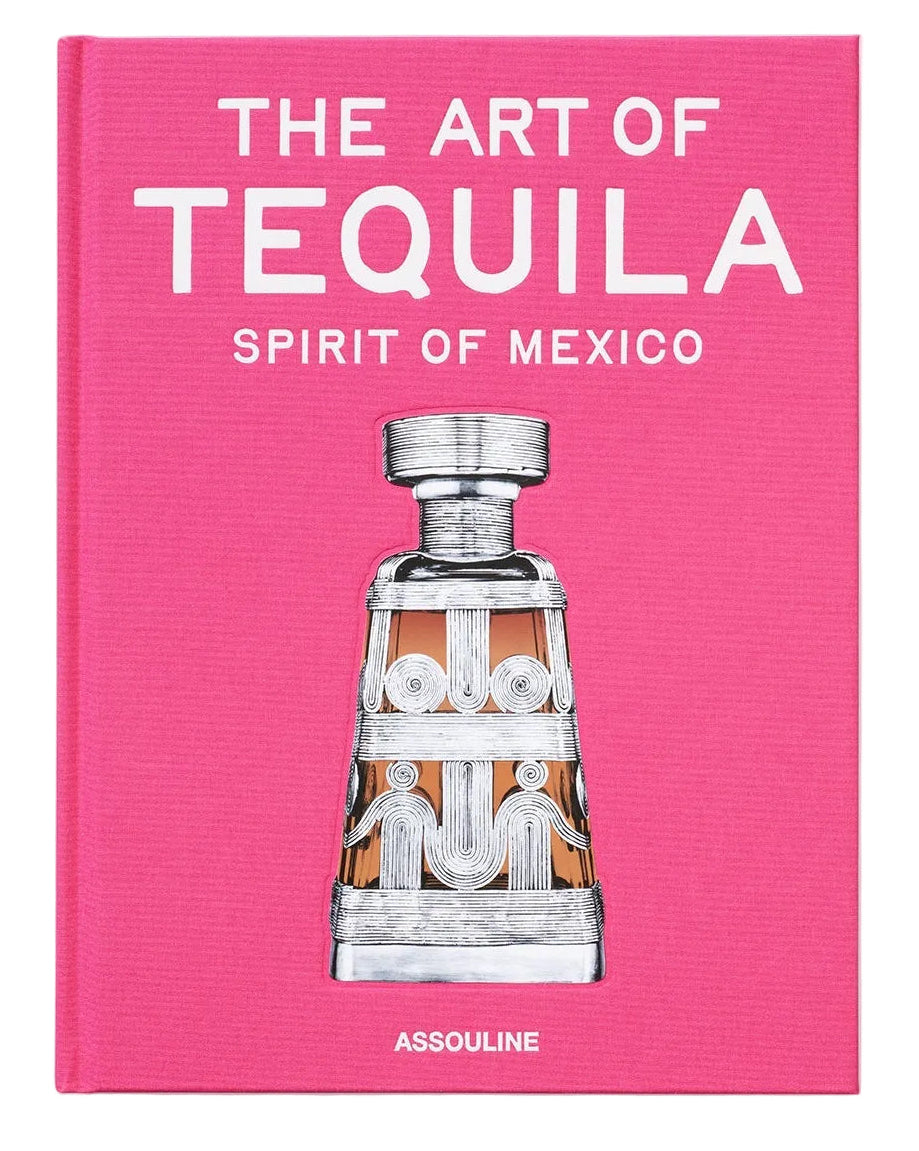 Book cover of 'The Art of Tequila: Spirit of Mexico' with a pink background and tequila bottle illustration.