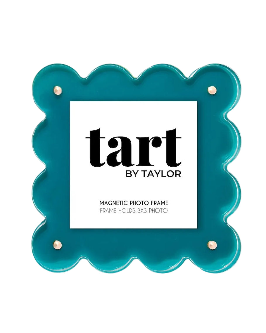 Teal magnetic photo frame with 'tart by Taylor' branding on a white background