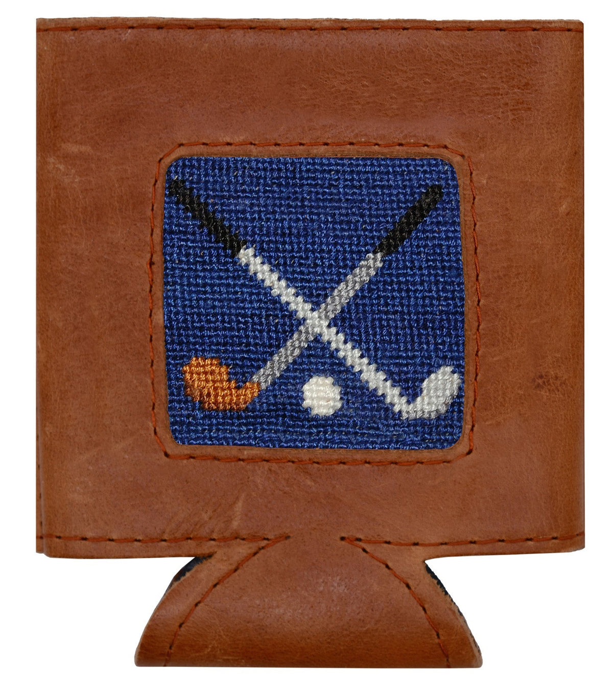 A brown leather golf koozie featuring a square blue embroidered patch with crossed golf clubs and a white golf ball.